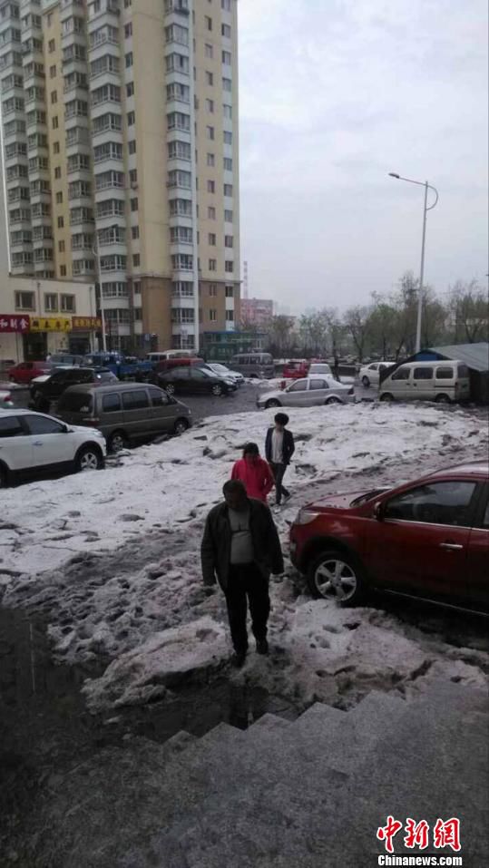 哈尔滨突降冰雹 部分街道冰雹堆积约10厘米高 解培华 摄